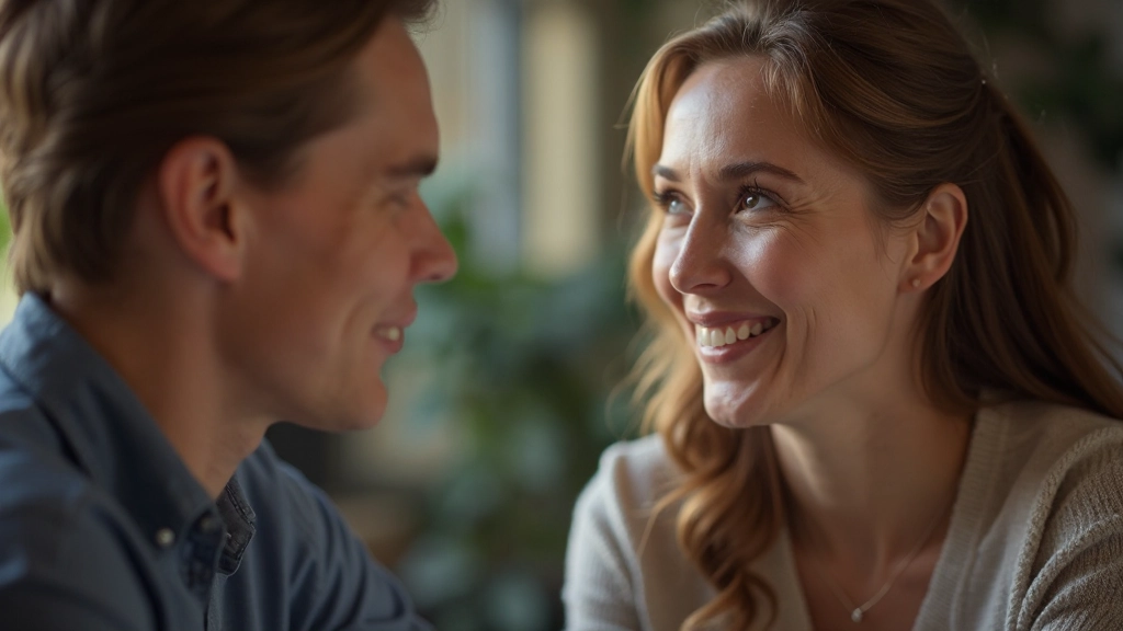 Close-up van twee mensen die met volle aandacht met elkaar spreken, oogcontact, warme verlichting