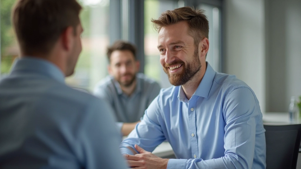 Professionele trainer die actief luistert naar deelnemer in trainingsruimte, warm licht, aandachtsvol