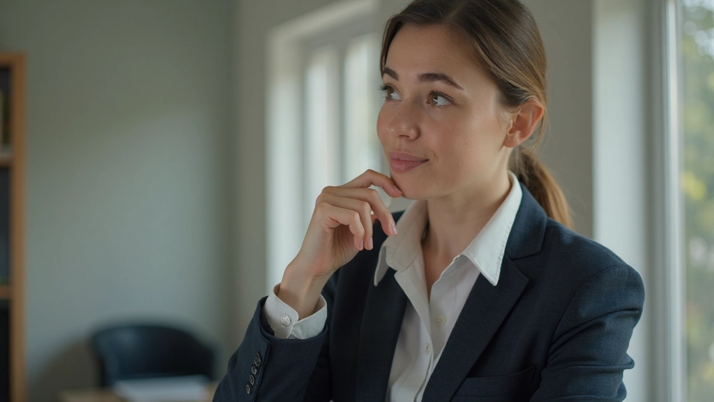 Persoon in een gesprek die reflectief luistert met een bedachtzame blik, professionele omgeving