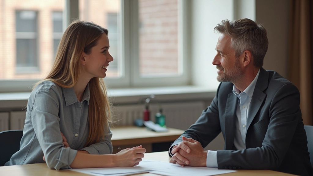 Twee personen in gesprek aan tafel, één luistert aandachtig, professionele setting met natuurlijk licht