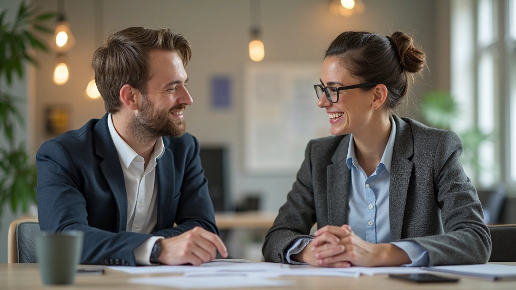Twee mensen in een brainstormsessie, beide actief betrokken in het gesprek met open houding