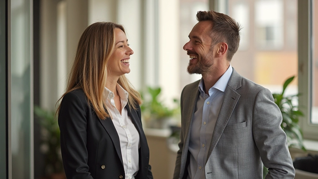 Twee mensen in een hartelijk moment, beide lachend met echte verbinding zichtbaar
